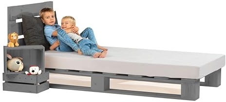 Lermowood Palettenbett M1 aus Holz 90 x 200 cm Grau mit Kopfteil Holzbett 20cm Stabiles Seniorenbett Kinderbett Jugendbett Gästebett erhöhtes Einzelbett Bettgestell Futonbett Komforthöhe Naturholz