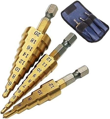 Broca escalonada, broca escalonada de carburo, juego de 3 brocas escalonadas HSS, cortador de orificios cónicos, brocas de núcleo hexagonal de metal recubiertas de titanio de 1/4 (3 piezas 4 12 4 20