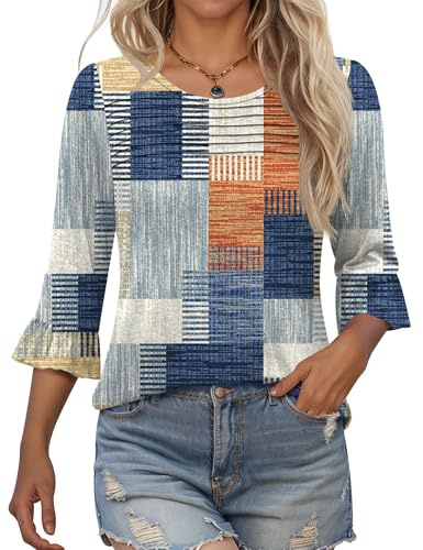 Kistore Ladies Patchwork Print Ruffle Cuff 3/4 Sleeve Casual Top XXL