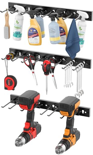 CCCEI 3 Modular Pegboard Strip Storage, Metal Peg Slat Wall Mount for Garage, Basement, Garden, Laundry Room Organization. Flexible Tool Organizer for Rake, Shovels, Crafting. Gifts for Men, Black.