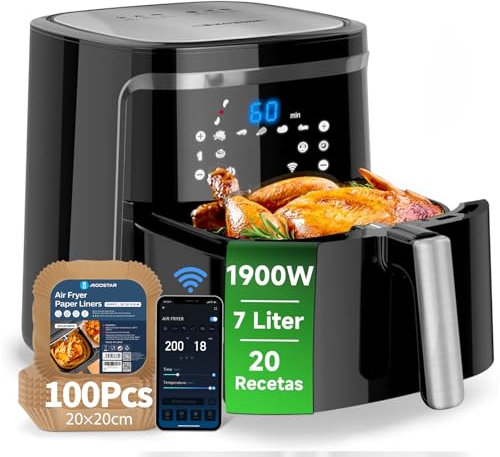 Aigostar Cube Smart con Papel Freidora Aire 100 Unidades, Freidora de aire inteligente sin aceite, Conexión Wifi, 1900W, 7L, Modo manual, Pantalla LED táctil, 7 funciones + mantener caliente
