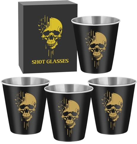 Edelstahl Schnapsgläser mit Golden Totenkopf, 4er, Schnapsglas, Partybecher | Kleine Schnapsgläser, 4 Stück, 70ml, Stapelbar Trinkbecher, mit Geschenkbox, Vatertagsgeschenk, Geschenke für Gothic-Fans