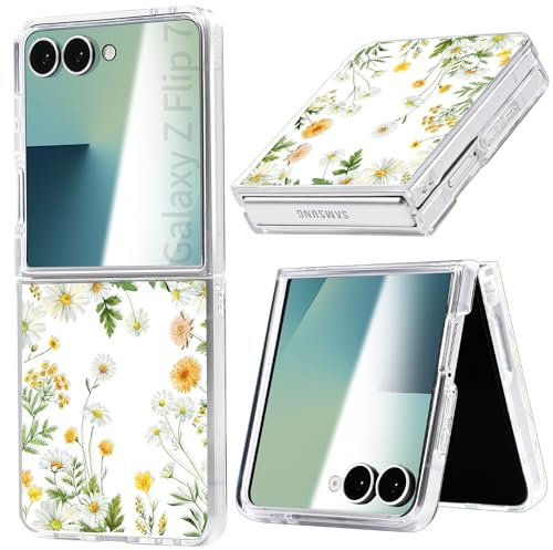 Gronda Telefonfodral till Samsung Flip 7 fodral, klart anti-gula med gröna blommor, stöttåligt smalt skyddande fodral för Galaxy Flip 7