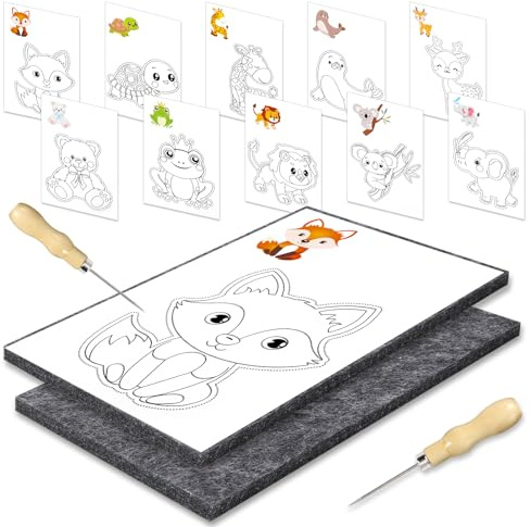 JSRQT Pricking Set Needle Children from 3 Prikelnadel with 2 Pricking Needles 2 Pricking Felt 10 Embroidery Pictures Tingling Art Kit Safe & Designed Craft Items