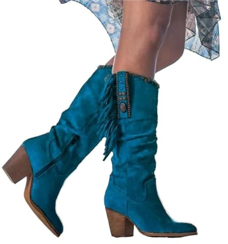 YXADGML Camperos Texani Donna Stivali Alti da Donna, Stile retrò, con Fibbia in Metallo, Punta affilata, Tacco Spesso, Nappe, Stivali da Cowboy Occidentali, Scarpe da Donna(Blue,42)