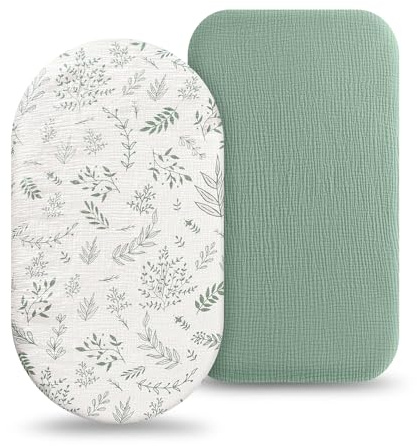 flintronic Baby Spannbettlaken, 2PCS Musselin-Baumwolle Spannbettlaken, 83 x 43cm, Gemütliche und Weiche, Mikrofaser Matratzenauflage Atmungsaktiv Matratzenschoner Laken für Laufgitter (Grün)