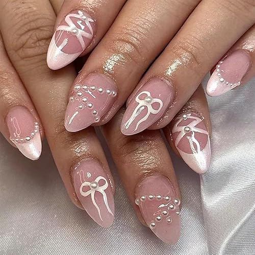 24Pcs Almond French Tip False Nails Short, Press on Nails with Pearl Almond - Acrylic Full Cover Nail for Women, French Stick on Nails Design, Fake Nail with Glue DIY Nail Art for Gilrs