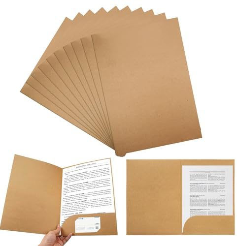 Kraft Mappe, 12 styck presentationsmapp A4, kraftpapp dokumentmapp med kortplats, pappersmapp, mapp med ficka, för skola, universitet, projekt, företag (brun)