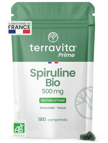 SPIRULINE BIO 500 mg | Immunité - Tonus - Vitalité | Pure et Séchée à Froid | Riche en Phycocyanine, Fer et Protéines | 180 Comprimés Vegan | Sans Additifs | Conditionnée en France | Terravita Prime