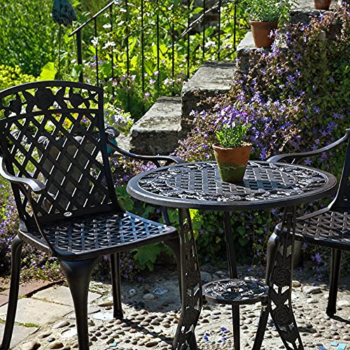 Lazy Susan | Rose-Bistro-Tisch aus Aluguss mit 2 Stühlen | Garten-Set | Antik-Bronze | Wetterfest | 3 Jahre Garantie | (Rose Stühle, Rot Kissen)