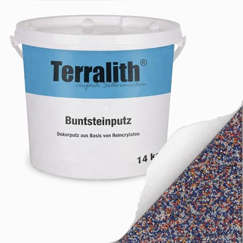 Terralith Buntsteinputz 14kg in blau-rot-weiß, Sockelputz für Innen und Außen mit Reinacrylat Bindemittel aus Naturstein, 1-2mm Körnung (BSP19)