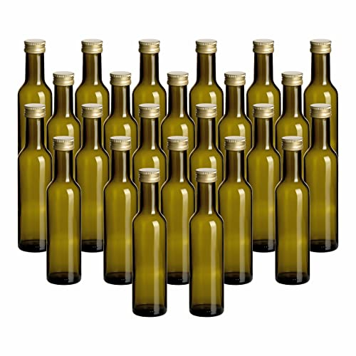 gouveo 24er Set Glasflasche 250 ml Caesar Antik mit Schraubverschluss goldfarben - Leere Flasche 0,25 l mit Deckel für Likör, Öl, Essig - Farbige Flasche zum Befüllen (CAF250G)