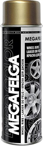 MEGAFELGA ALLOY WHEEL ACRYL SPRAY PAINT 500ml REFURBISH RESTORE WHEELS RIMS MOTO SPORT CAR AUTO FAST DRYING RESISTANT (gold satin)