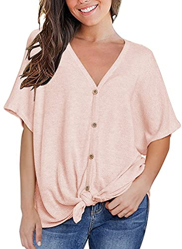 MIHOLL Womens Loose Blouse Short Sleeve V Neck Button Down T Shirts Nursing Tops (Large, Pink)