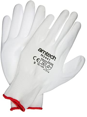 Amtech N2441 Light Duty PU Coated Work Gloves Large (Size 9), Certified Quality for Craft, Assembly and Packing, White