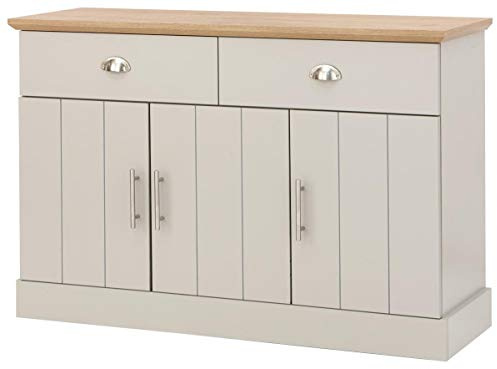GFW Kendal Grey and Oak Large Sideboard, 3 Door 2 Drawer Storage Cabinet, Country Style Living Room and Dining Room Furniture