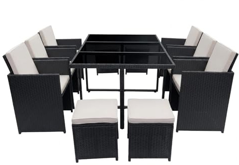 Panana 10 Seater Rattan Garden Dining Set with Large Table, 6 Chairs & 4 Stools, Space Saving Outdoor Furniture for Patio, Conservatory & Garden (Black Rattan with Beige Cushions)