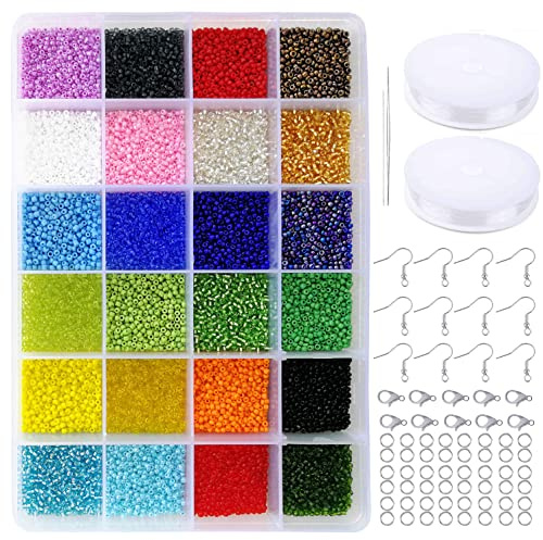 Tibaoffy Glass Seed Beads Assorted Kit - Size 12/0 (2mm Tiny), 24 Multicolor Options (14,400pcs Total) with Organizer Box for Adult DIY Jewelry Making