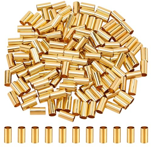 PandaHall Elite 150 Stk. 10mm Säule Messing Rohr Perlen Ring Makramee Spacer mit 4,5mm Loch für DIY Nähen Handwerk und Wandbehang Pflanzenhalter, Golden