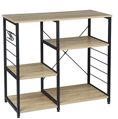 WOLTU Küchenregal mit 5 Ablagen, Standregal mit 4 Haken, Küche Bäckerregale Mikrowellenhalter aus Holz und Stahl, 90 x 40 x 83,5 cm, Schwarz + Hell Eiche