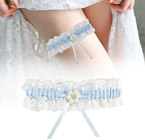 DURANTEY 1 PCS Liga de Novia para Boda Liguero de Novia Azul Liga Nupcial para Boda Liga de Matrimonio Elegante Liga de Encaje Azul y Blanco Accesorio Tradicional para Vestidos de Boda (33-66 CM)