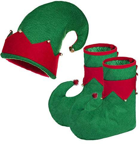 ANSUG Elfenschuhe und Elfenmütze Weihnachten Rot Grün Elfen Mütze Wackel Zipfelmütze für Santa's Fancy Dress up Party Accessoire