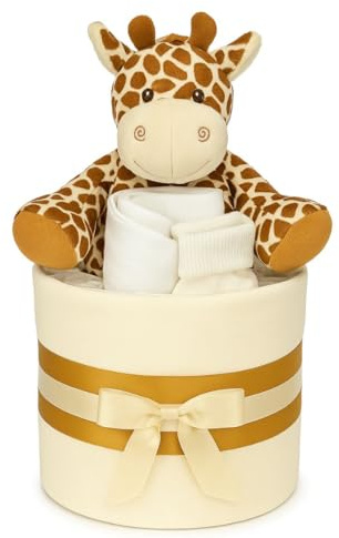 The Big Card Company Gâteau de couches neutres unisexe – Cadeau de bébé – Mousseline carrée enveloppante de 9 couches de qualité supérieure, bavoir chaussettes et girafe en peluche douce