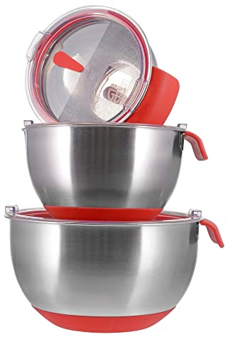 GRÄWE Rührschüssel, Salatschüssel, 3-teiliges Schüssel Set, Edelstahl Schüssel mit Deckel, Blikon, 1L, 2L, 4L, Metallschüssel, Teigschüssel, Backschüssel, Antirutsch Boden