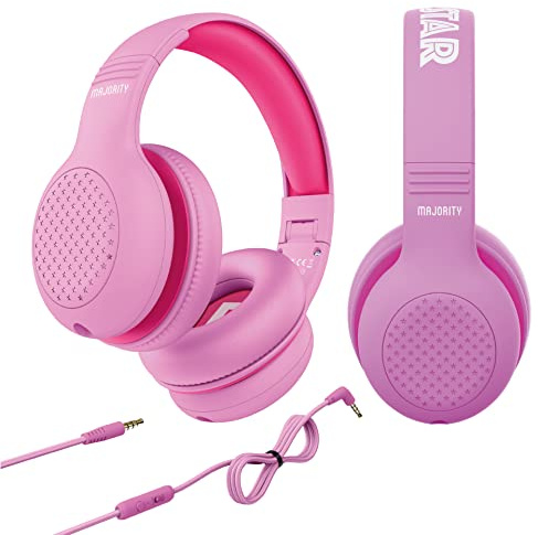 MAJORITY Wired Kids Headphones Over Ear | Comfort Soft Cushion Earpads | Lightweight & Fully Foldable Childrens Headphones Superstar | 85-94db Volume Limiter for School, Travel & Home | Pink