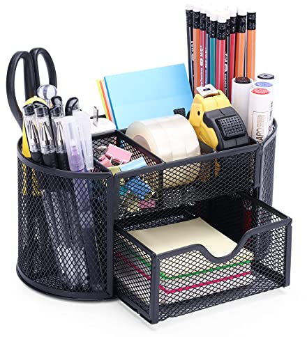 Schreibtisch Organizer, Mesh Metall Büro-Organizer mit Schublade und Stifthalter, 9 Sortierfächer für Stifte, Hefter, Ordnerklammern, Haftnotizen, Platzsparendes Desk Organizer Stifte Organizer