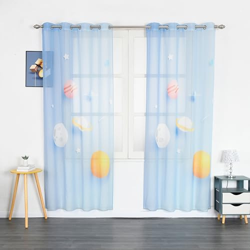 Dalina Textil - Cortinas Infantiles Niño Transúcido Dos Paneles de 140x260cm- Cortinas Visillos Juveniles Animales para Habitación Sala de Estar 2 Piezas Patrón Planeta