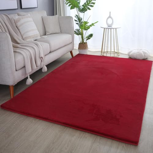 Weicher Hochflor Teppich Wohnzimmer Waschbarer Teppich im modernen Stil Unicolor & Einfarbig Teppich Felloptik Flauschig rutschfest Rechteckig Teppich in Farbe: Rot, Grösse: 120 x 170 cm