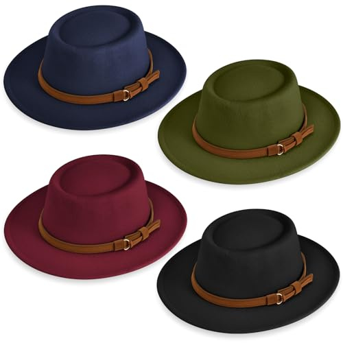 4 Pcs Wool Fedora Hat for Women Vintage Boho Style Felt Hat with Decorative Belt, Jazz & Panama Inspired Headwear for Casual Outfits (Black,Wine,Dark Blue,Dark Green)