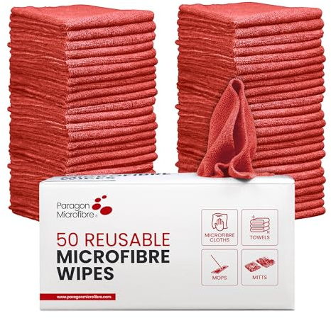 PARAGON Mirofibre 50 Reusable Wipes, Pack of 50, Cloth Size:30 x 30cm, Lint Free, Car Cleaning, Window & Glass, Dusting, Multipurpose, Premium Quality, FREE Storage Box, Red