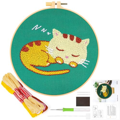 JSRQT Stanznadel Stickerei Starter Kit für Anfänger,Punch Needle Embroidery Starter Kit, DIY Stanznadel Kit mit Stickrahmen,Punch Needle Stoff,Fäden,Einfädelhilfe (Katze)