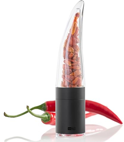 AdHoc Chilimühle Pepe mit Chili Schoten Füllung | Chilischneider mit original SchneidWerk | Gewürzschneider in edler Geschenk Verpackung | Edelstahl in schwarzem Lack