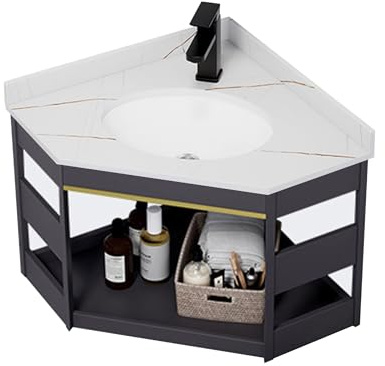 Mobile Bagno Sospeso con Lavabo da Appoggio,Lavandino Bagno con Mobiletto,Lavabo Bagno Angolare con Mobile,con Combinazione Rubinetto,Spazio di Archiviazione per Piccoli Spazi Nero/Bianco/Grigio ( Col