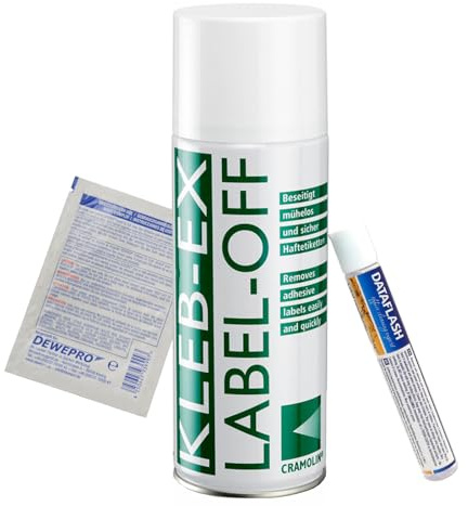 KLEB-EX 400ml Spraydose und praktischer Etikettenlöser-Stift - Kleberlöser und Etikettenlöser im Set - Etikettenentferner und Kleberentferner, inkl. 1 St. DEWEPRO® SingleScrubs