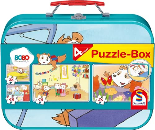 Schmidt Spiele 55892 Bobo Siebenschläfer Puzzle, 2x26 und 2x48 Teile Puzzle | Kinderpuzzle im Metallkoffer