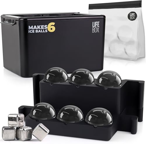 LifeBox Eiswürfelform für 6 Eiskugeln, Kugelform, für 6 kristallklare Eiskugeln, Whiskey-Eiswürfelform, inklusive Eis-Aufbewahrungstasche und 4 Whiskey-Steine, runde Eiswürfelform für Eiswürfelkugeln