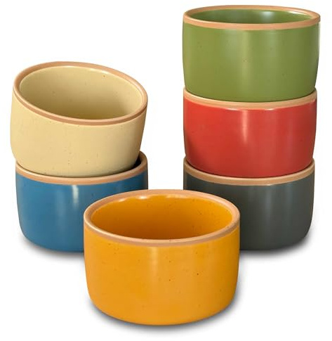 Mora Ceramic Ramekins - 6oz, Set of 6 - Small Oven Safe Baking Dishes/Cups - For Personal Pudding, Creme Brulee, Souffle, Serving Dip, Custard, Ice Cream - Single Mini Bowls - Artisan Colors