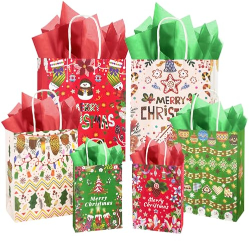 Gcardist 24Pcs Weihnachten rot & grün & weiß Geschenk-Taschen mit Griffen in verschiedenen Größen (Large-10.2×13× 5.5, Medium-8.7×10.6×4.3, Small-6.3×8.7×3.1/ Tissue Papier enthalten)