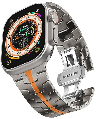 KADES Titanarmband Kompatibel mit Apple Watch Armband 49mm 46mm 45mm 44mm 42mm, Titan Metall Gliederarmband Ersatzarmband für iWatch Ultra 3 2 1,Series 11 10 9 8 7 6 5 4 3 2 1 SE,Titan/Orange