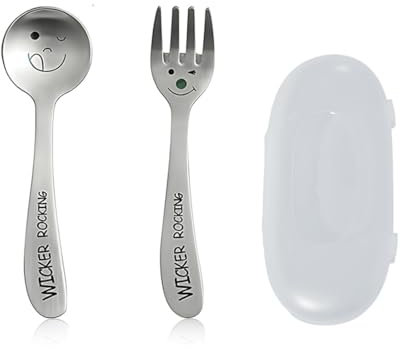 WHYCNIL Göffel Campingbesteck Kinder Gabel Löffel Mit Besteckkasten,304 Edelstahl-Gabel-Löffel-Set, Ergonomisches Camping Besteck to go,Smiley-Muster
