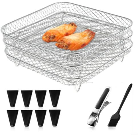 SMZhomeone 13-teiliges Set Air Fryer Rack 3 Etagen mit 8 Silikonfüßen und 1 Bürste und Ordner rechteckig Edelstahl Dörrator Rack für Air Fryer