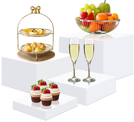 YumSur 4PCS Acrylic Buffet Risers – Large Food Display Stand for Catering | Upgraded easy-peel film, scratch-free guarantee, 4 large nesting sizes for tiered displays.