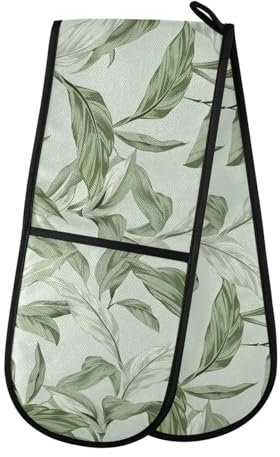Oven Gloves Double Oven Gloves Leaves Green Leaf Oven Mitts Pot Holder Heat Resistant Quilted for BBQ Baking Kitchen Cooking Gloves