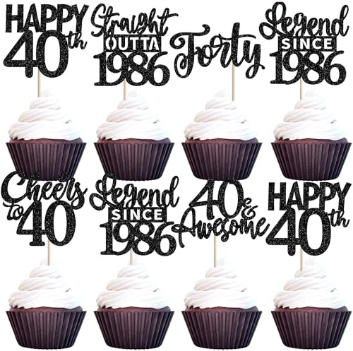 SYKYCTCY 24 Pack Happy 40th Birthday Cupcake Toppers Glitter Forty Straight Outta 1986 Legend Since 1986 Cupcake Picks for Cheers to 40 Years 40th Birthday Wedding Party Decorations Supplies