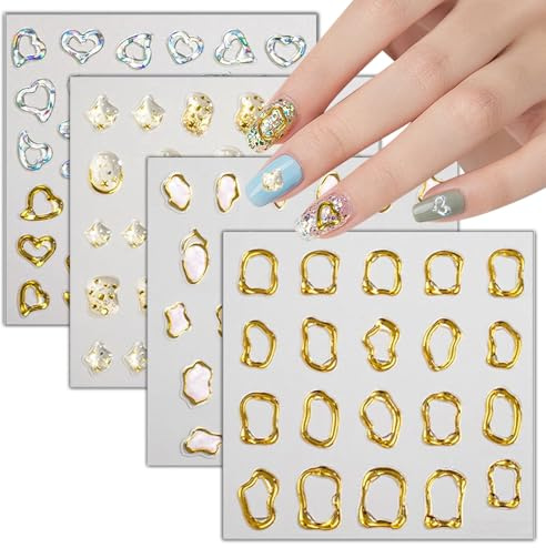 BelleVive 4 Stück 5D-Nagelkunst-Aufkleber mit Prägung in Gold, weicher Kristallkleber, unregelmäßige geometrische Rahmen, Nagelaufkleber, Splitter, hohle Designs, Nagelabziehbilder, Zubehör