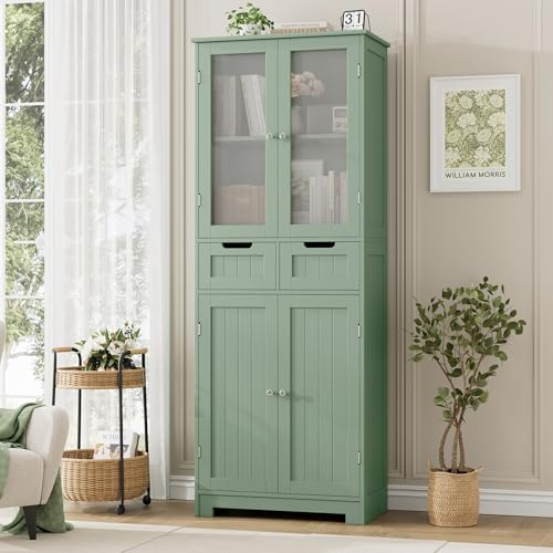 HORSTORS 67 Tall Bathroom Storage Cabinet, Freestanding Storage Cabinet with Glass Door and Shelves, Kitchen Pantry Linen Cabinet with 2 Drawers for Bathroom, Living Room, Dining Room, Green